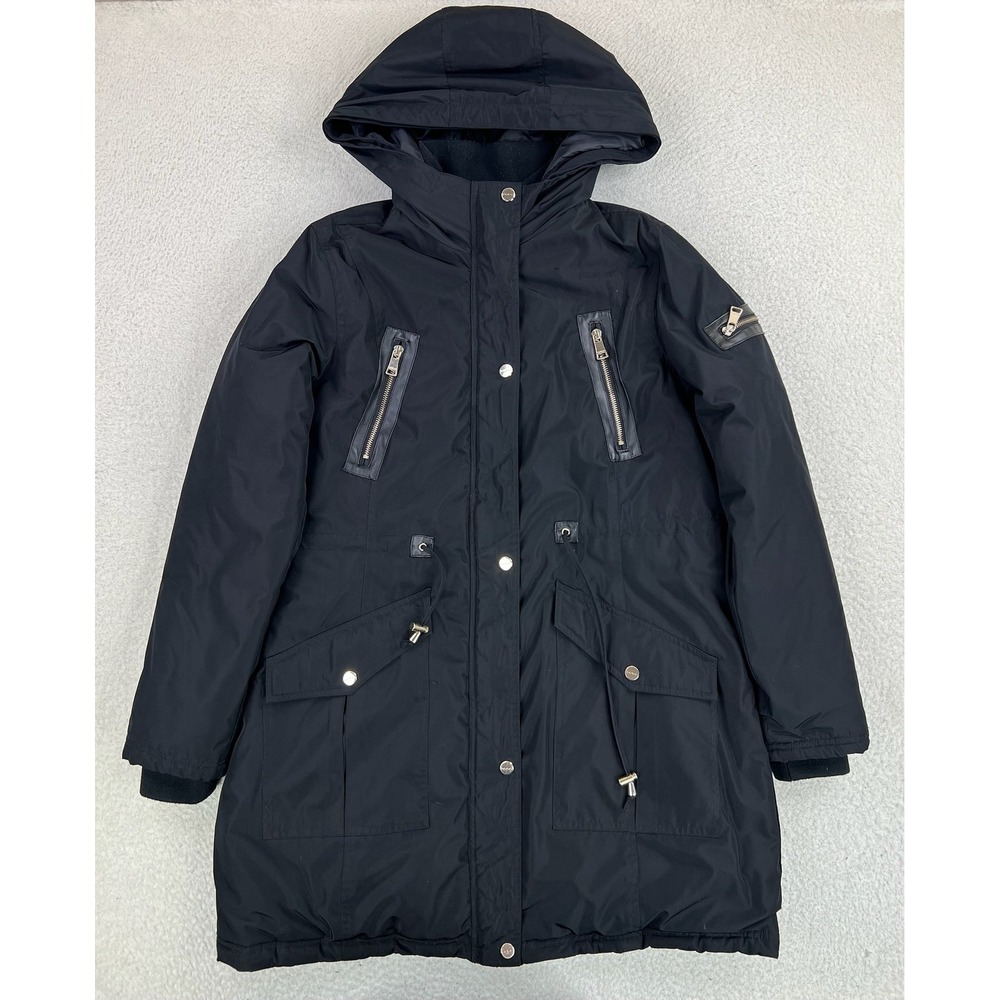 Bebe Coat Womens Large Black Hooded Insulated Parka Zip Pockets Quilted Winter